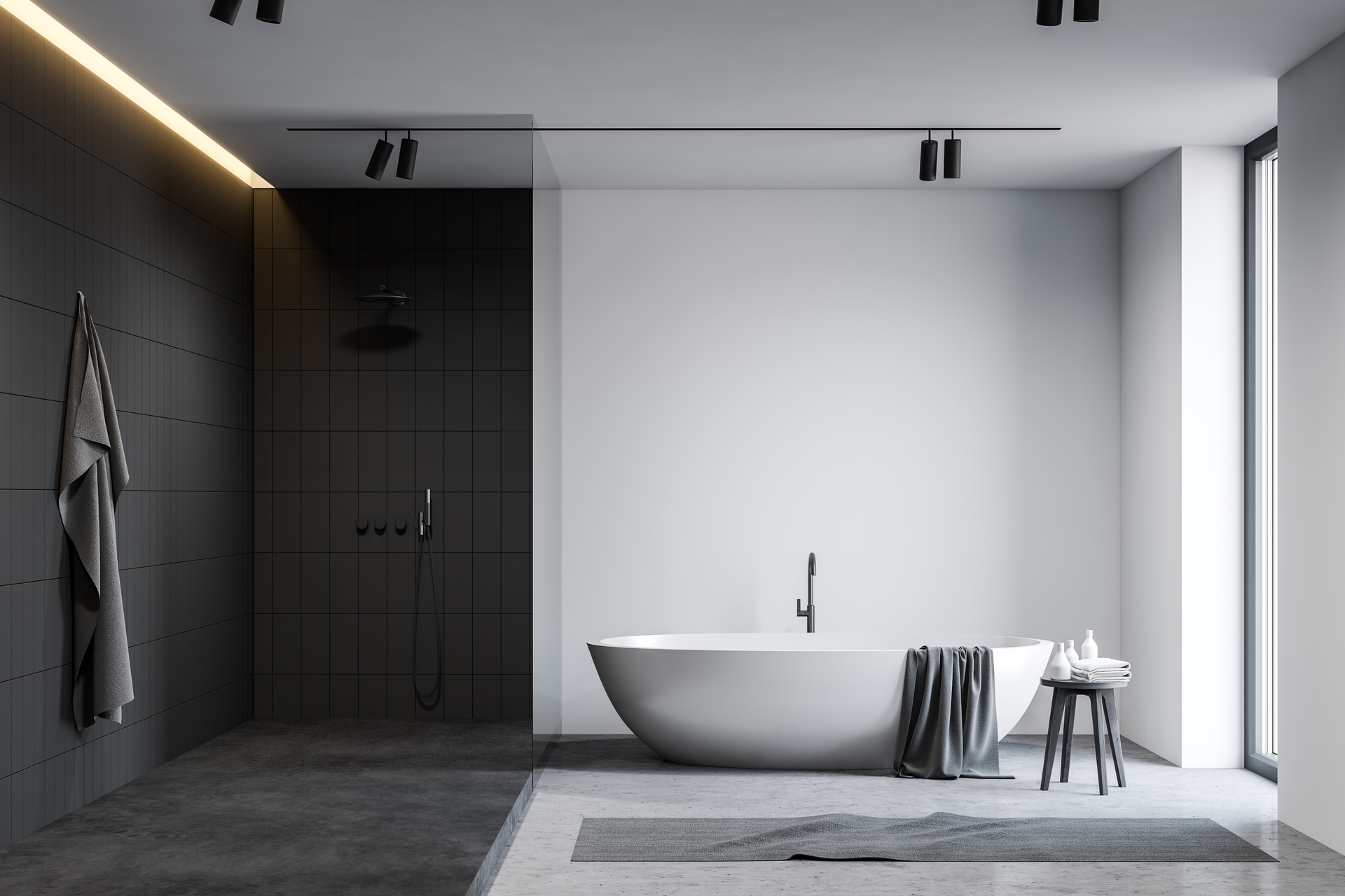 minimalist black and white bathroom after completed bathroom renovation Chicago project